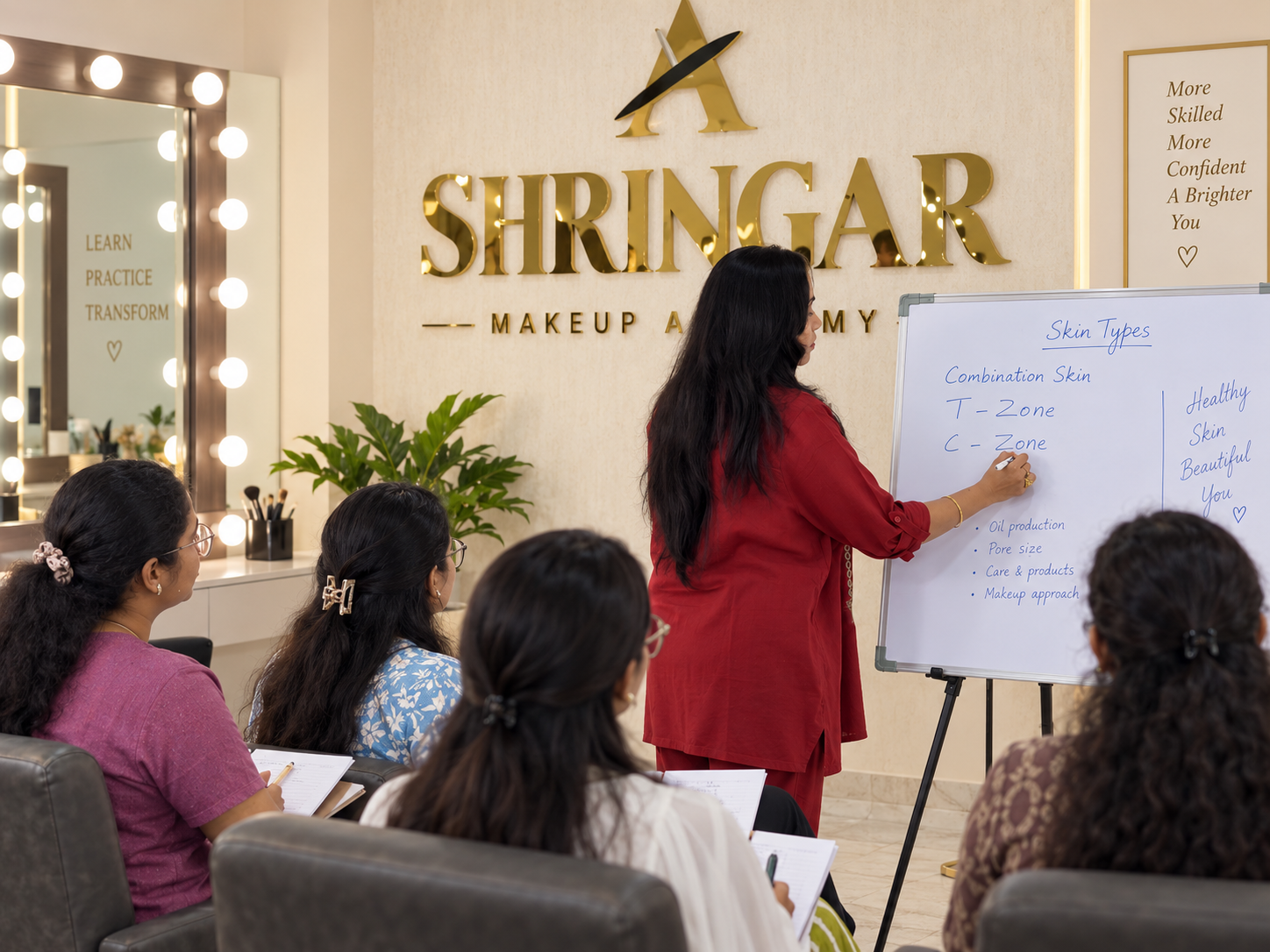 Shringar trainer teaching beauty students in the academy classroom beside the whiteboard