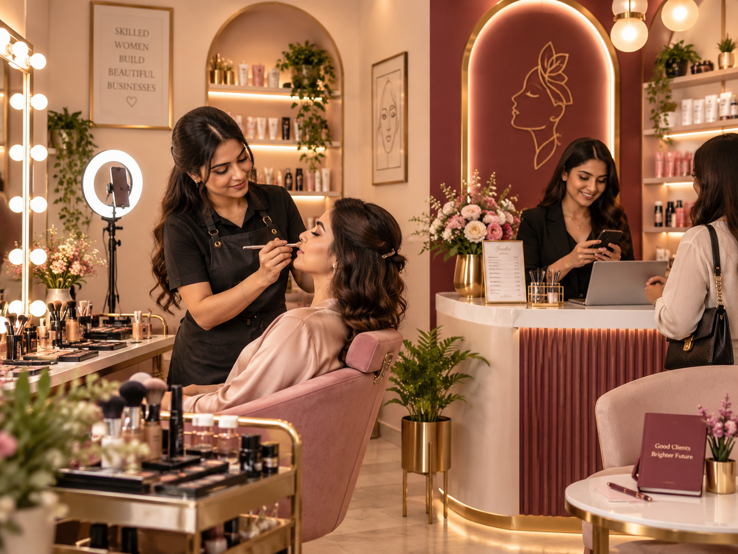 Beauty entrepreneur workspace with professional products, client service, social media tools, laptop and business planning