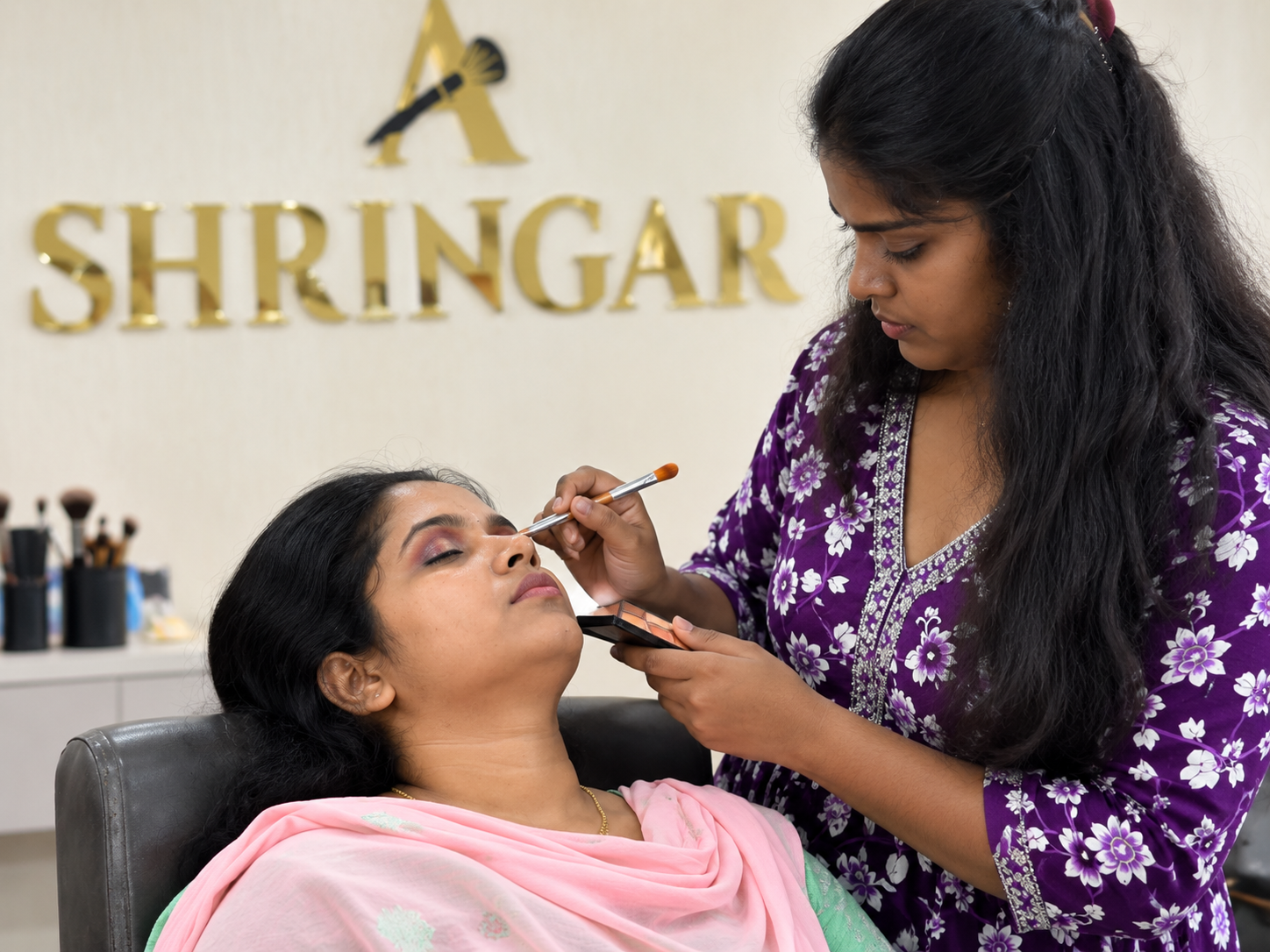 Shringar student practising professional makeup application
